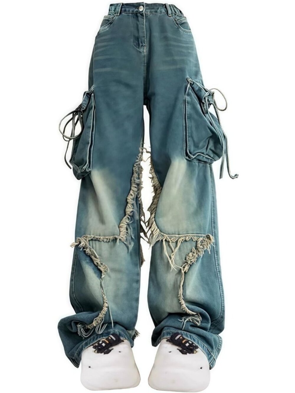 Women's Blue Denim Star Pockets Y2k Wide Leg High Rise Waisted Baggy Jeans